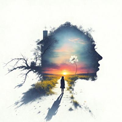 The primary subject of the image is a woman's head, which is the main focus of the scene. The setting is a field with a sunset in the background, creating a serene and peaceful atmosphere. The visual style is a combination of digital art and illustration, with the woman's head being depicted in a stylized manner. The colors in the image are predominantly warm and muted, with the sunset providing a warm glow to the scene.